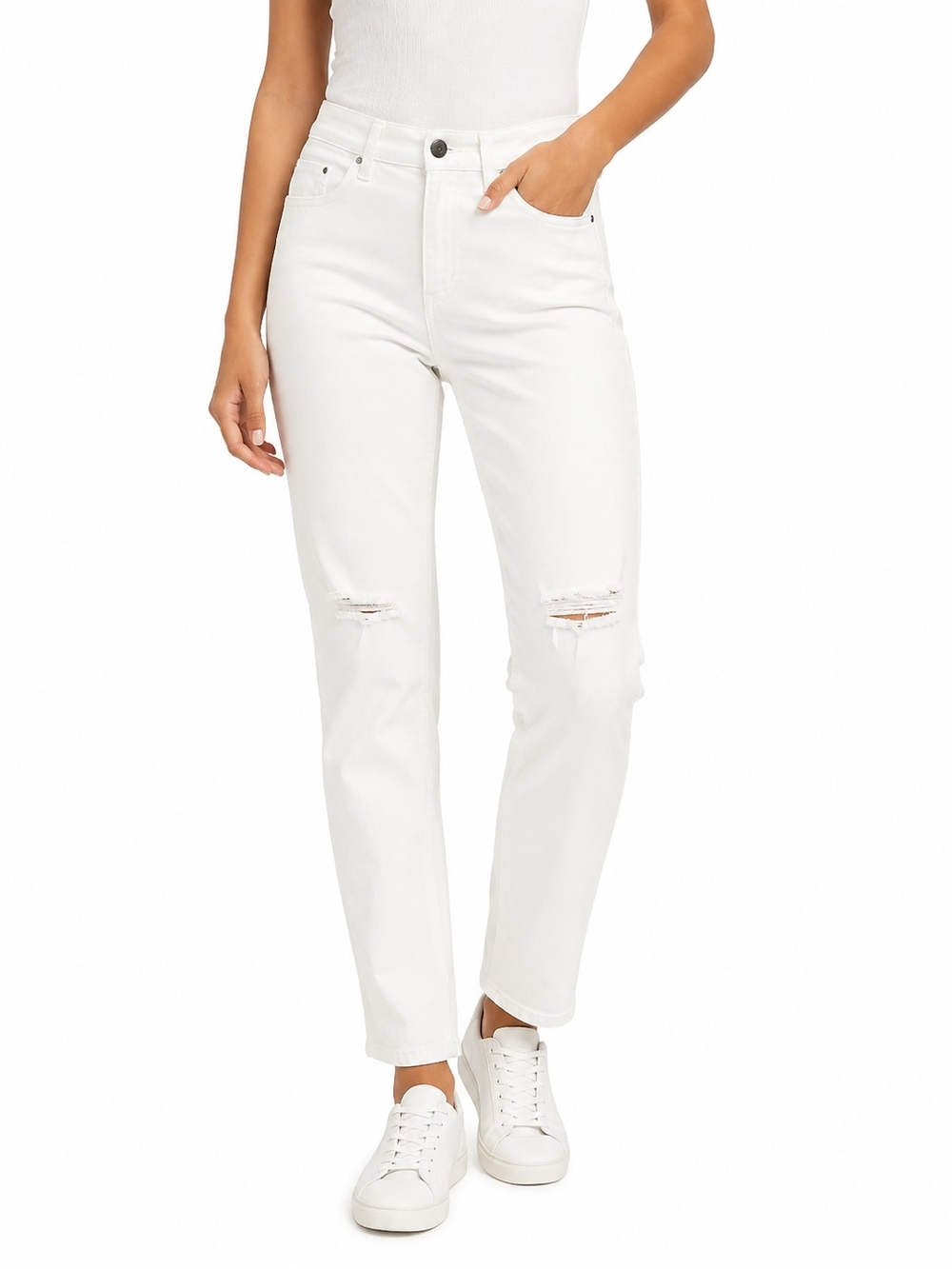 White Mid-Rise Straight Jeans with Knee Women's Distress Size 7
